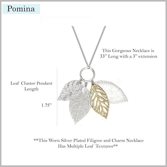 Gold Silver Two Tone Filigree Fall Leaf Pendant Long Necklace Chic Sweater Chain - Picture 5 of 9